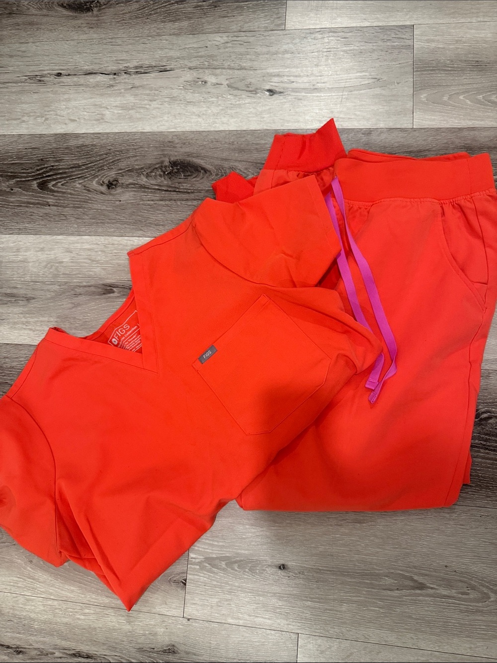 Figs Fireside Red Scrub Set with Purple Drawstring